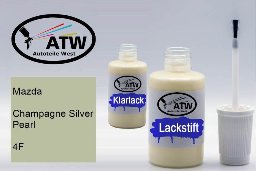 Mazda, Champagne Silver Pearl, 4F: 20ml Lackstift + 20ml Klarlack - Set, von ATW Autoteile West.